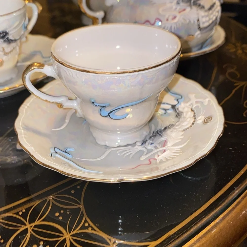 Vintage Luster Dragon Tea Set 4 Cups, 6 Saucers, Tea Pot/Creamer/Sugar Japan